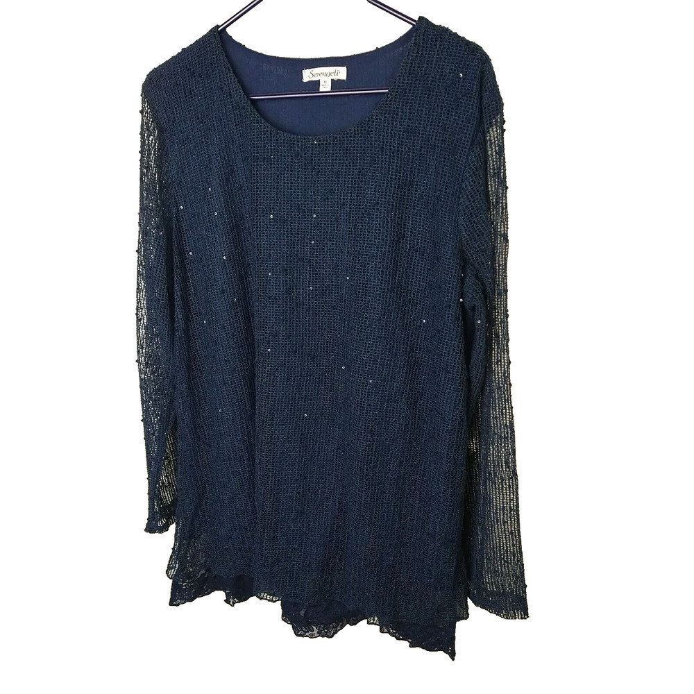 Serengeti Woman XL Blouse Blue Tank Lined Lace Trim Swiss Dot Sparkle Long...